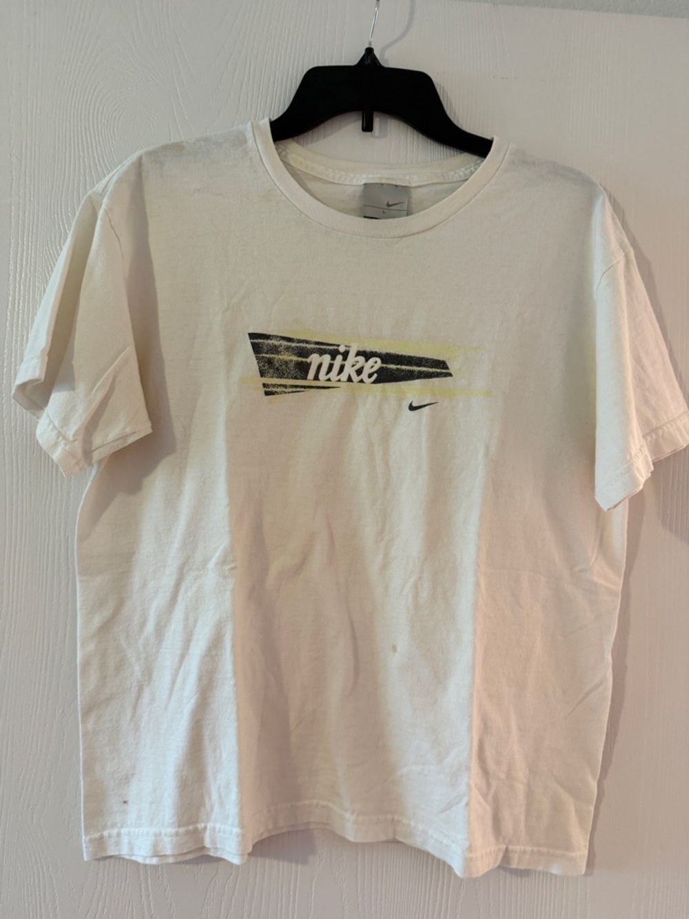 Vintage Nike White Short Sleeve Tee with Black and Yellow Logo